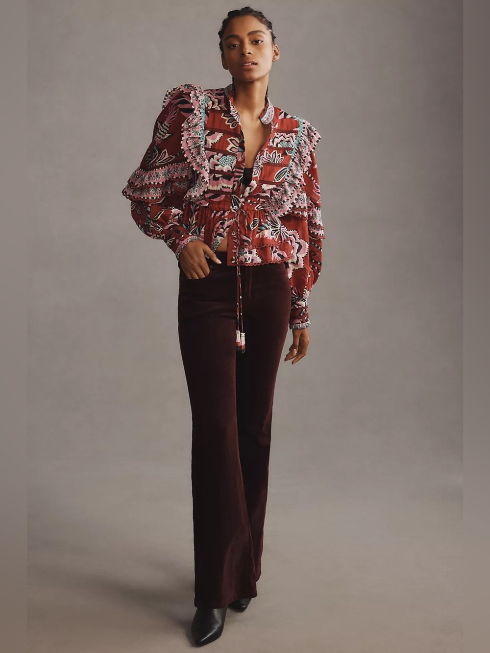 FARM Rio Boho Floral Ruffle Peplum Top - Burgundy Pink - Picture 4 of 11